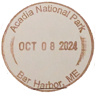 Brown circular inked stamp for Acadia National Park - Hulls Cove Visitor Center in Bar Harbor