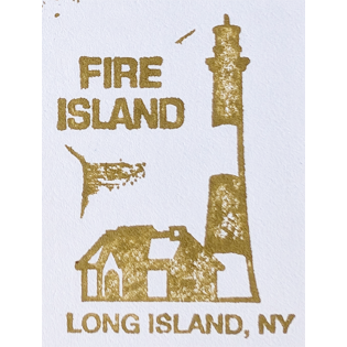 Golden colored ink stamp of Fire Island Lighthouse, Long Island, NY