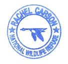 Blue circular "Blue Goose" inked stamp for Rachel Carson National Wildlife Refuge