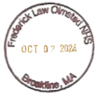 Brown circular inked stamp for Frederick Law Olmsted National Historic Site