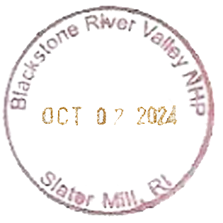 Brown circular ink stamp for Blackstone River Valley National Historical Park's Slater Mill